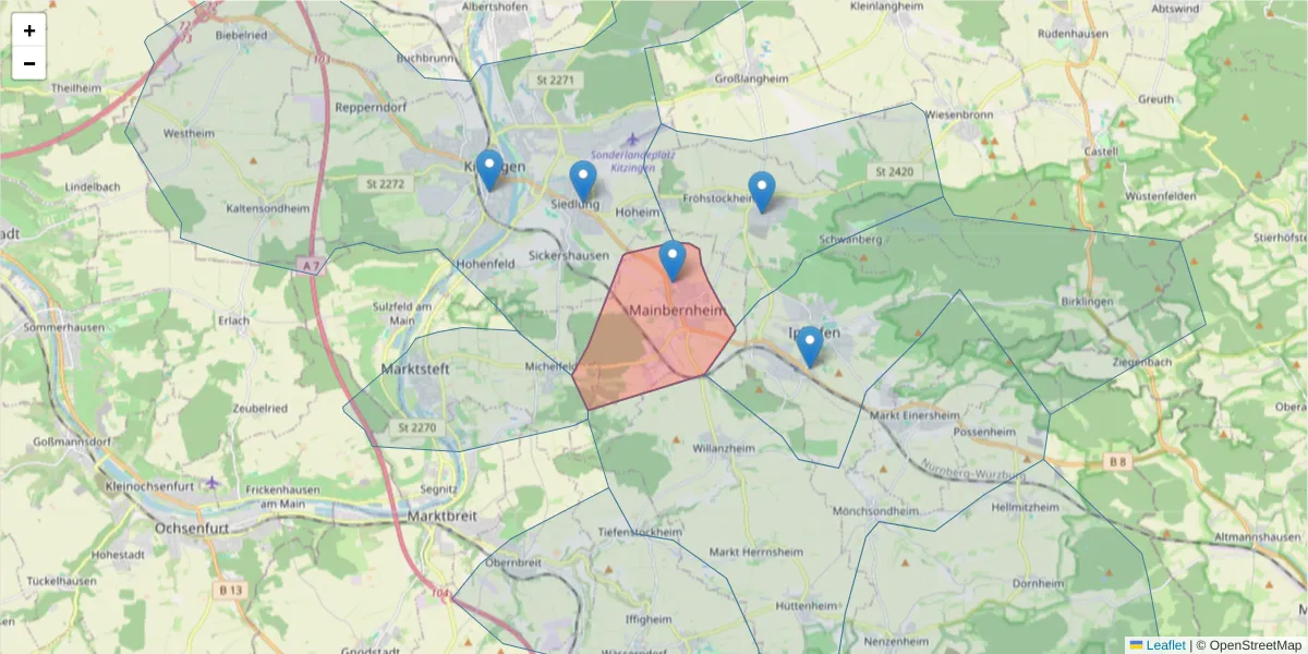 Karte des Postleitzahlen Bereichs  und der umliegenden Postleitzahlen in Deutschland