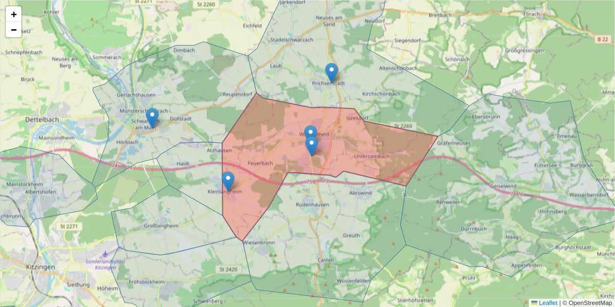 Karte des Postleitzahlen Bereichs  und der umliegenden Postleitzahlen in Deutschland