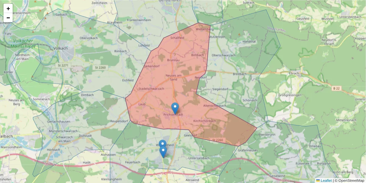 Karte des Postleitzahlen Bereichs  und der umliegenden Postleitzahlen in Deutschland