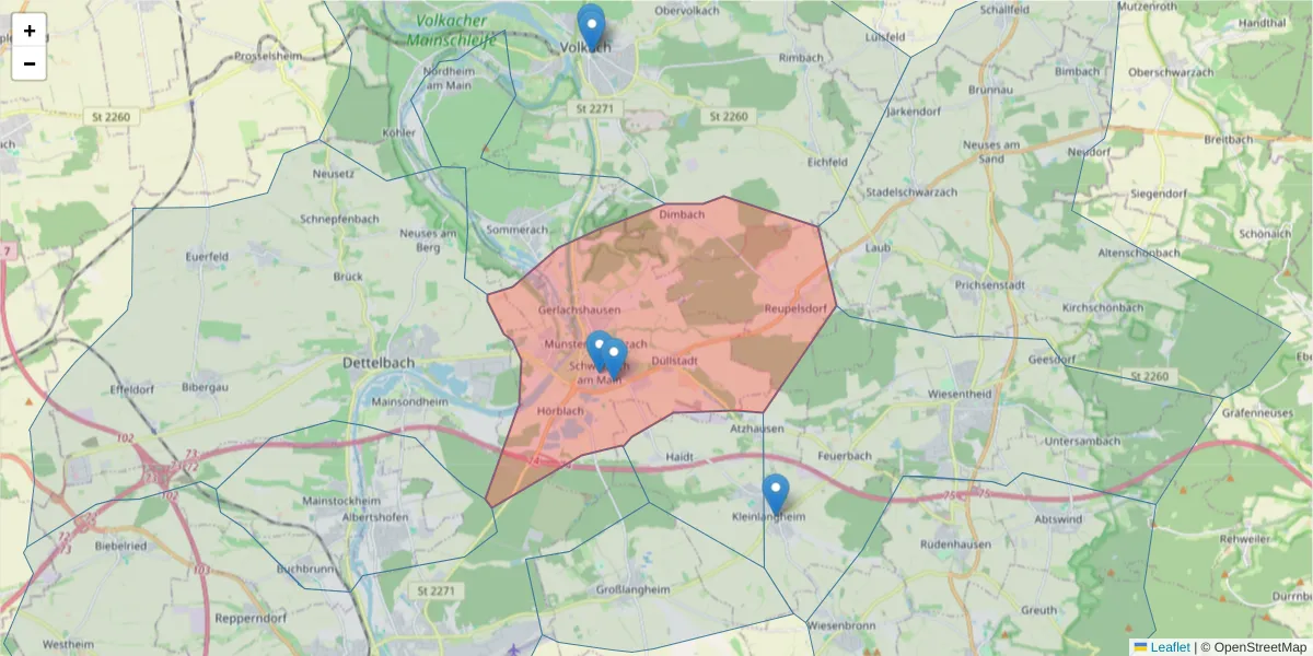 Karte des Postleitzahlen Bereichs  und der umliegenden Postleitzahlen in Deutschland