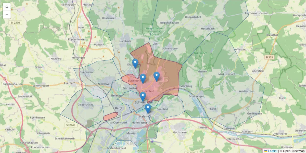 Karte des Postleitzahlen Bereichs  und der umliegenden Postleitzahlen in Deutschland