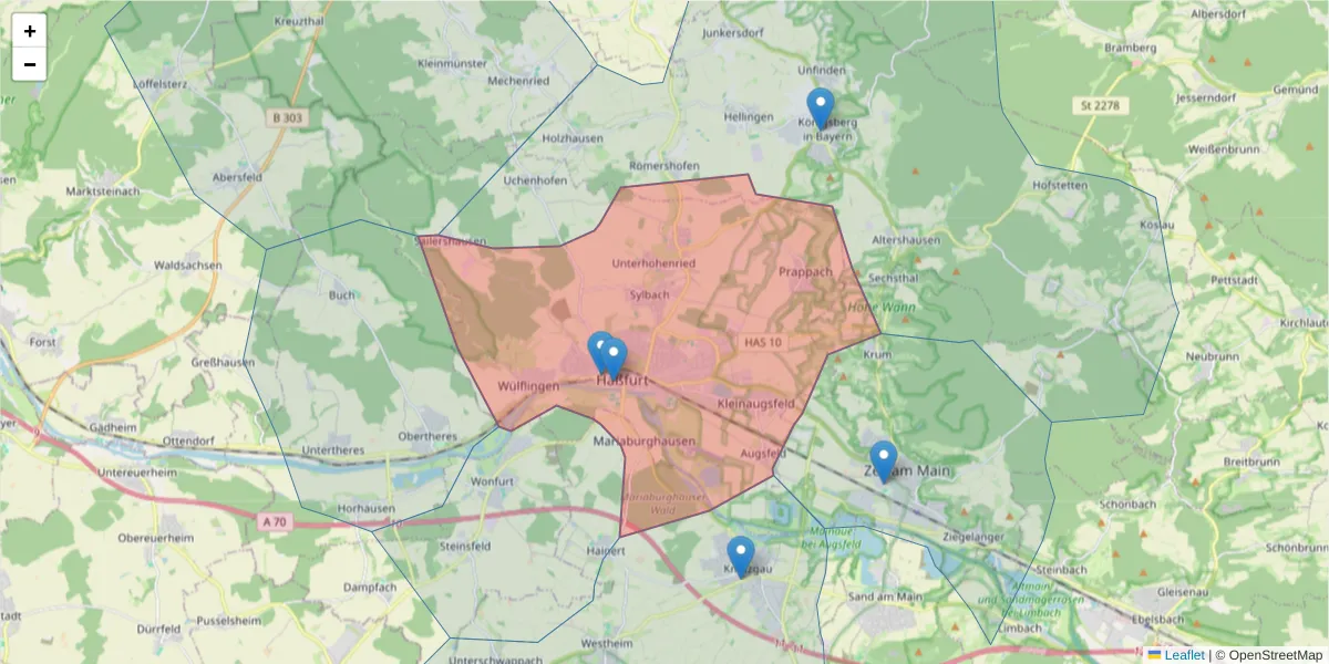 Karte des Postleitzahlen Bereichs  und der umliegenden Postleitzahlen in Deutschland