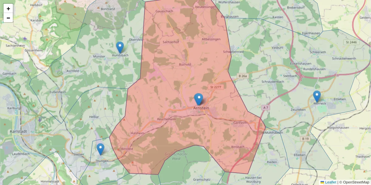 Karte des Postleitzahlen Bereichs  und der umliegenden Postleitzahlen in Deutschland