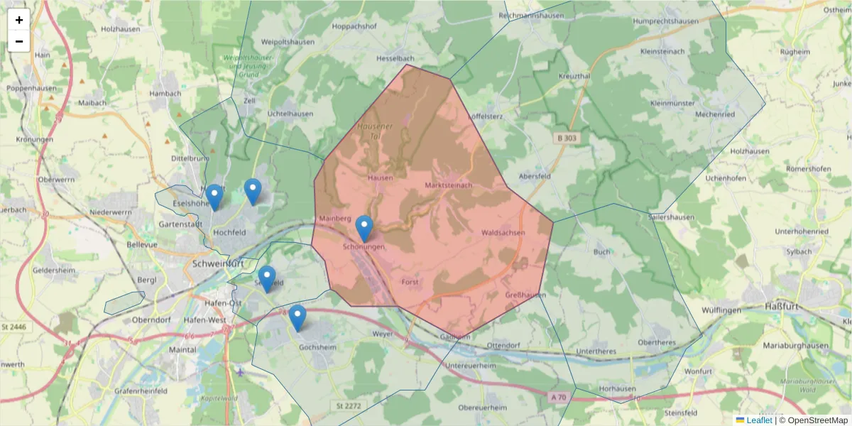 Karte des Postleitzahlen Bereichs  und der umliegenden Postleitzahlen in Deutschland