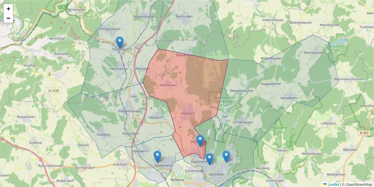 Karte des Postleitzahlen Bereichs  und der umliegenden Postleitzahlen in Deutschland