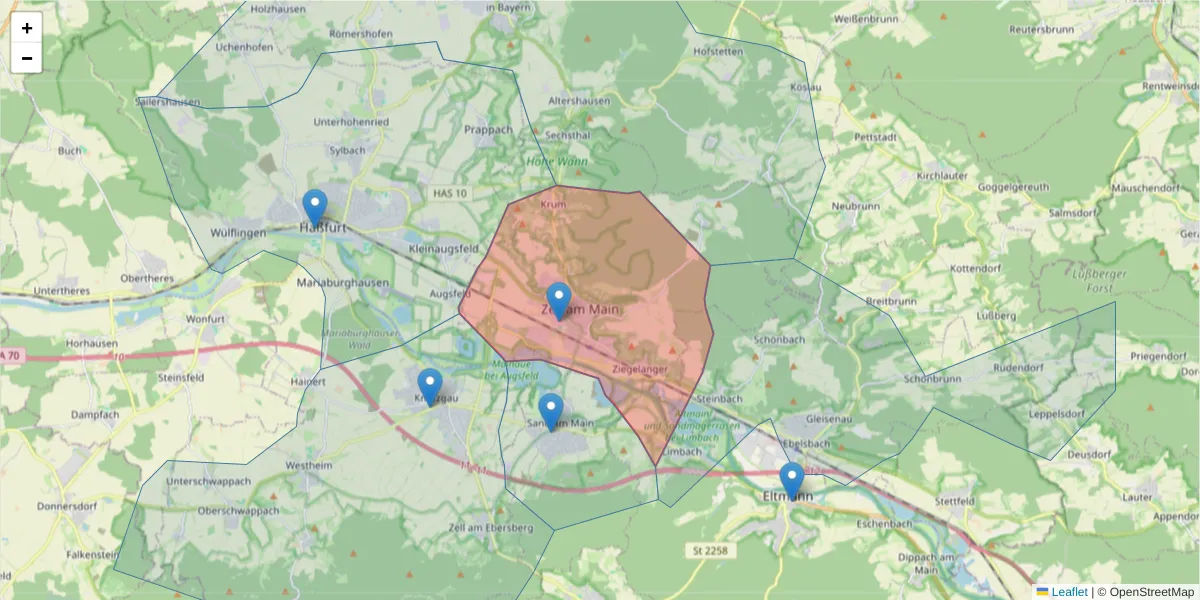 Karte des Postleitzahlen Bereichs  und der umliegenden Postleitzahlen in Deutschland
