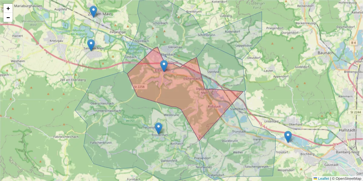 Karte des Postleitzahlen Bereichs  und der umliegenden Postleitzahlen in Deutschland