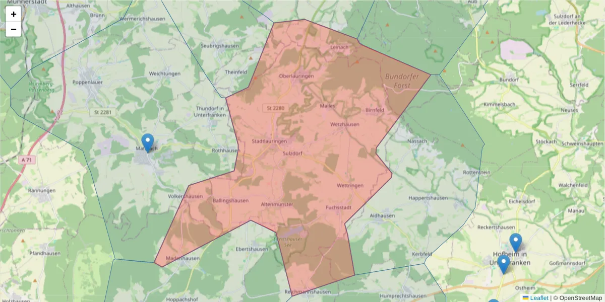 Karte des Postleitzahlen Bereichs  und der umliegenden Postleitzahlen in Deutschland