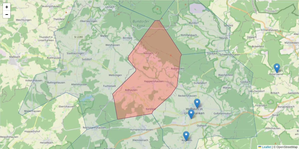 Karte des Postleitzahlen Bereichs  und der umliegenden Postleitzahlen in Deutschland