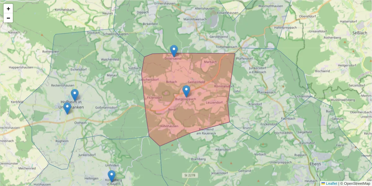 Karte des Postleitzahlen Bereichs  und der umliegenden Postleitzahlen in Deutschland