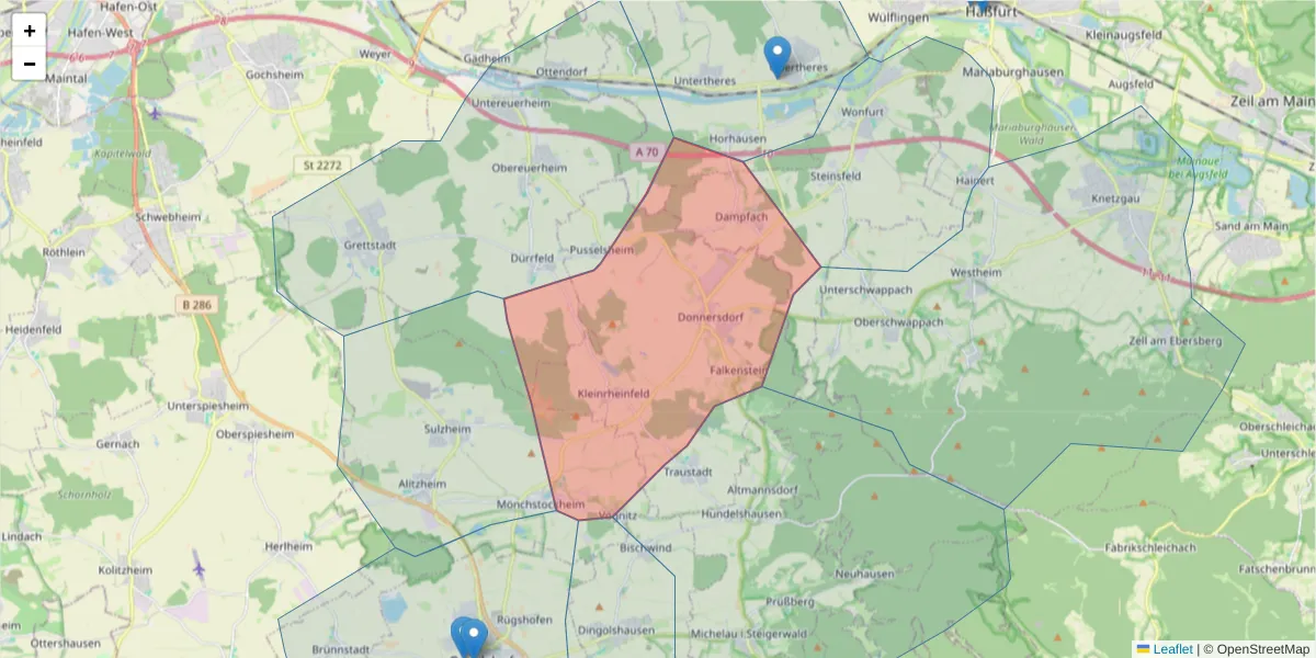 Karte des Postleitzahlen Bereichs  und der umliegenden Postleitzahlen in Deutschland