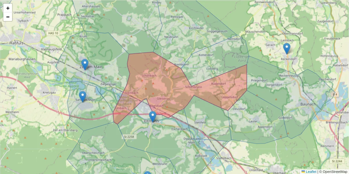 Karte des Postleitzahlen Bereichs  und der umliegenden Postleitzahlen in Deutschland