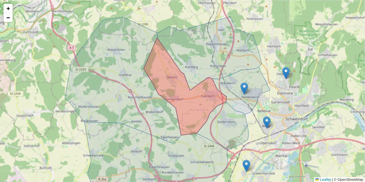 Karte des Postleitzahlen Bereichs  und der umliegenden Postleitzahlen in Deutschland