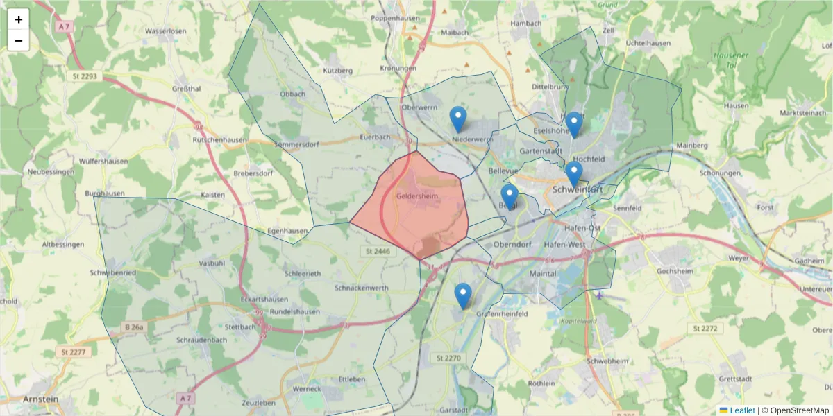 Karte des Postleitzahlen Bereichs  und der umliegenden Postleitzahlen in Deutschland