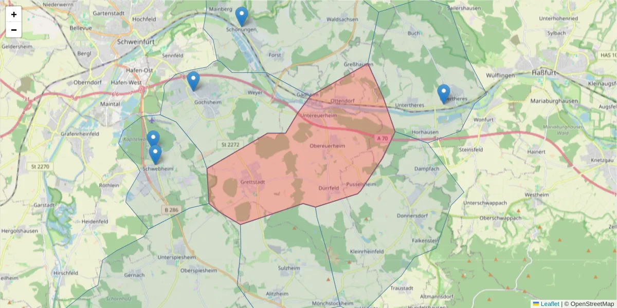 Karte des Postleitzahlen Bereichs  und der umliegenden Postleitzahlen in Deutschland