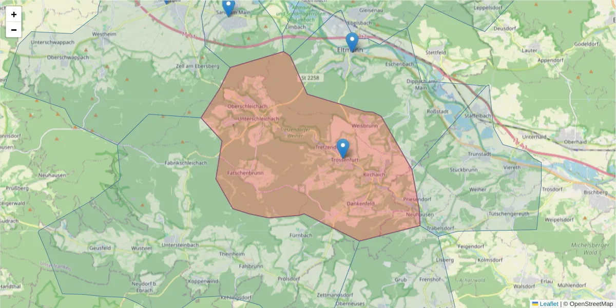 Karte des Postleitzahlen Bereichs  und der umliegenden Postleitzahlen in Deutschland