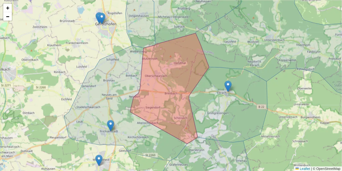 Karte des Postleitzahlen Bereichs  und der umliegenden Postleitzahlen in Deutschland