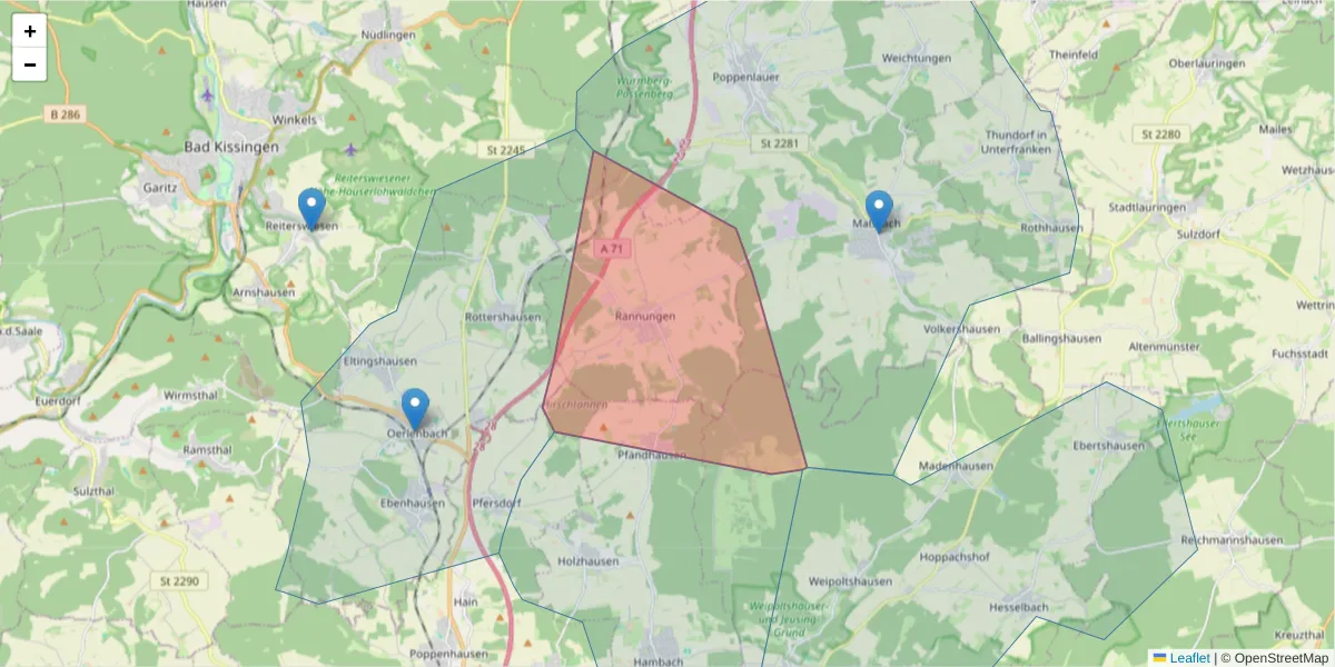 Karte des Postleitzahlen Bereichs  und der umliegenden Postleitzahlen in Deutschland
