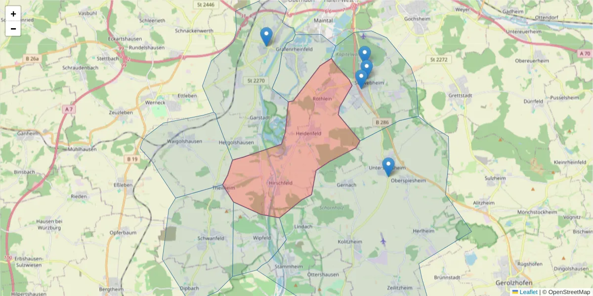 Karte des Postleitzahlen Bereichs  und der umliegenden Postleitzahlen in Deutschland