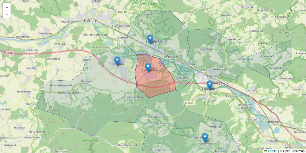 Karte des Postleitzahlen Bereichs  und der umliegenden Postleitzahlen in Deutschland