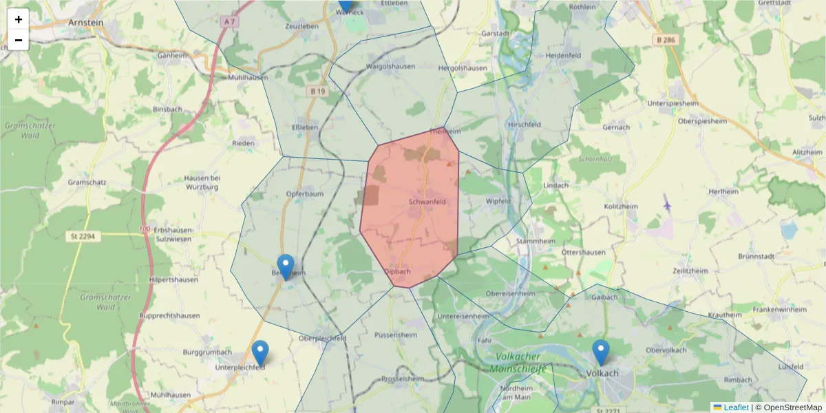 Karte des Postleitzahlen Bereichs  und der umliegenden Postleitzahlen in Deutschland