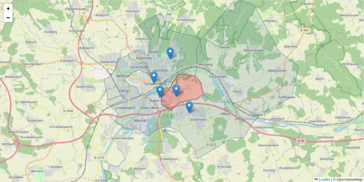 Karte des Postleitzahlen Bereichs  und der umliegenden Postleitzahlen in Deutschland