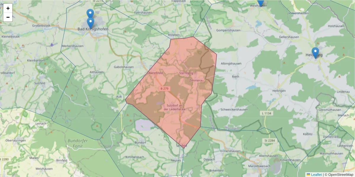Karte des Postleitzahlen Bereichs  und der umliegenden Postleitzahlen in Deutschland
