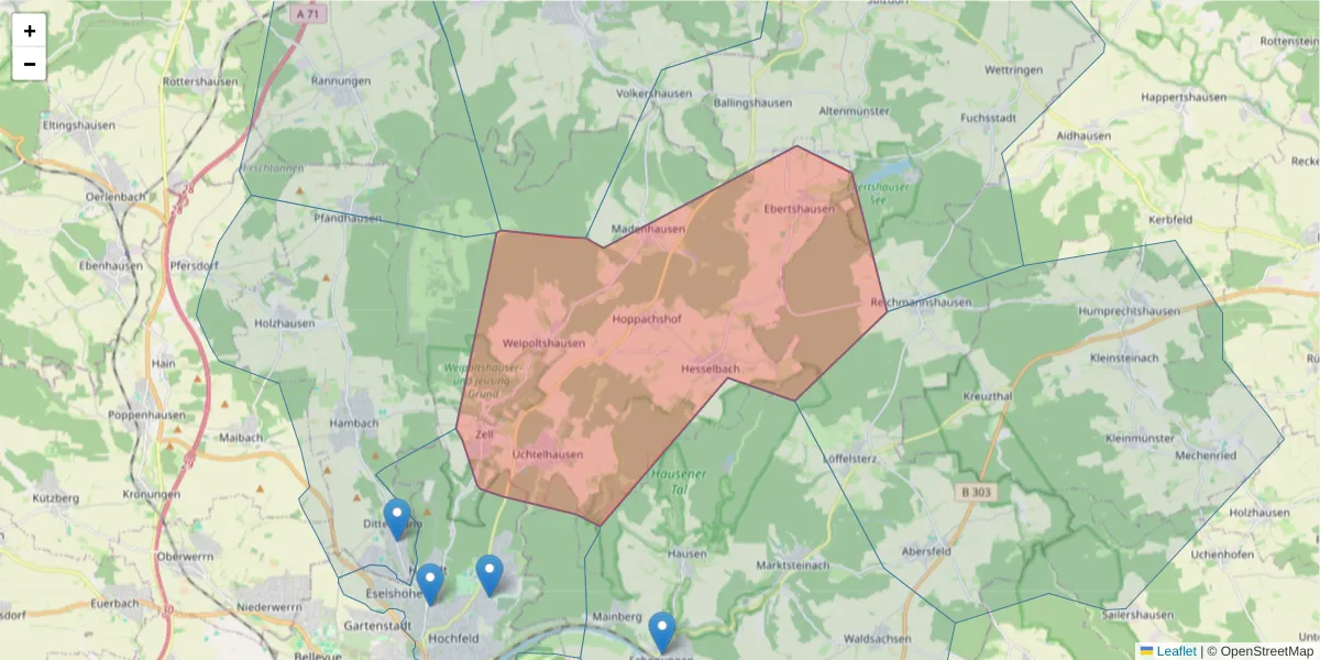 Karte des Postleitzahlen Bereichs  und der umliegenden Postleitzahlen in Deutschland