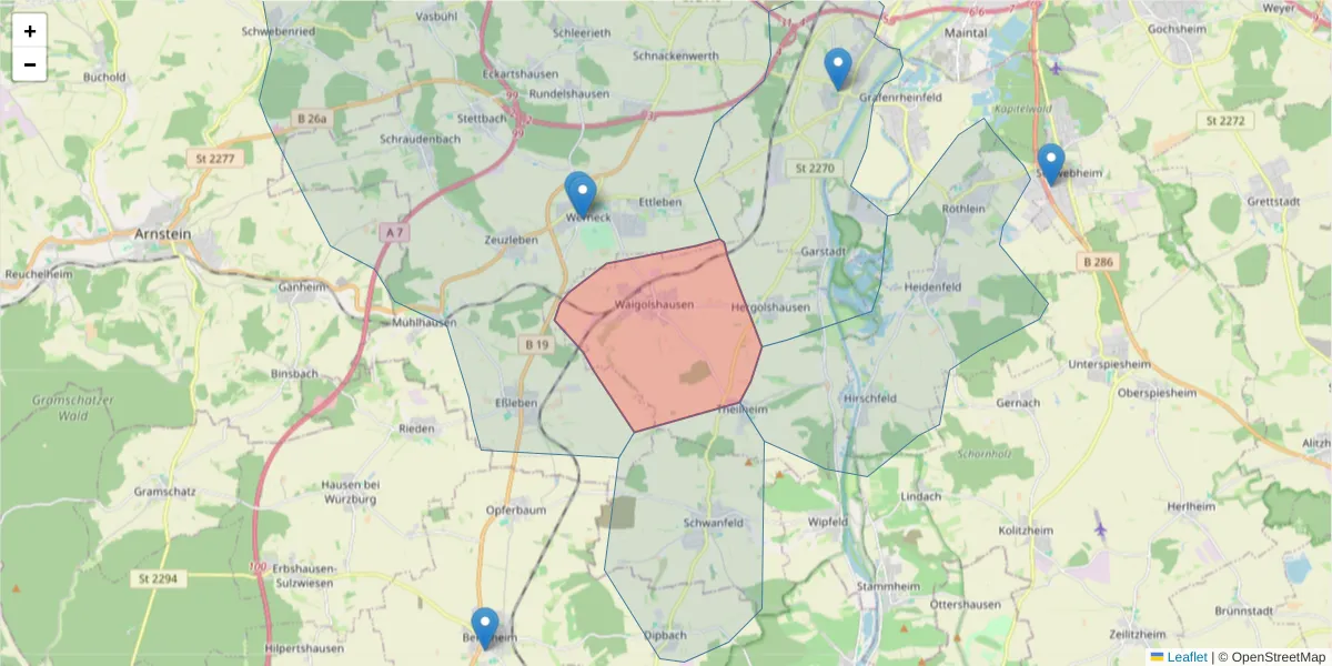 Karte des Postleitzahlen Bereichs  und der umliegenden Postleitzahlen in Deutschland