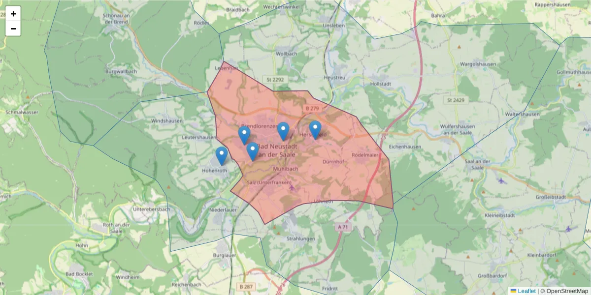 Karte des Postleitzahlen Bereichs  und der umliegenden Postleitzahlen in Deutschland