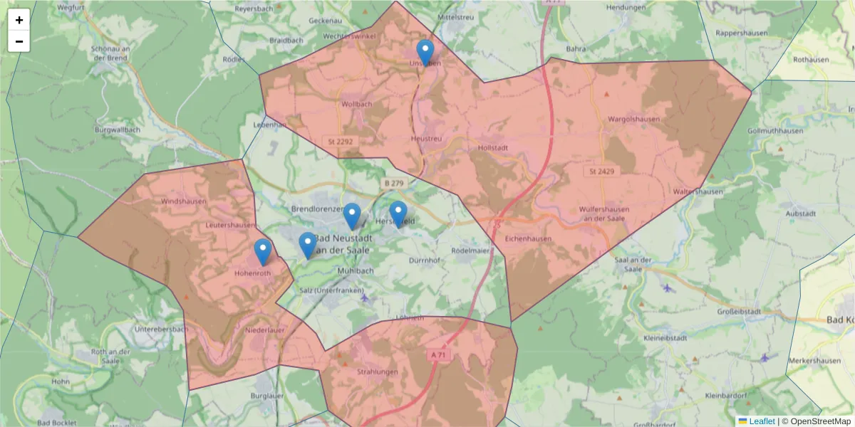 Karte des Postleitzahlen Bereichs  und der umliegenden Postleitzahlen in Deutschland
