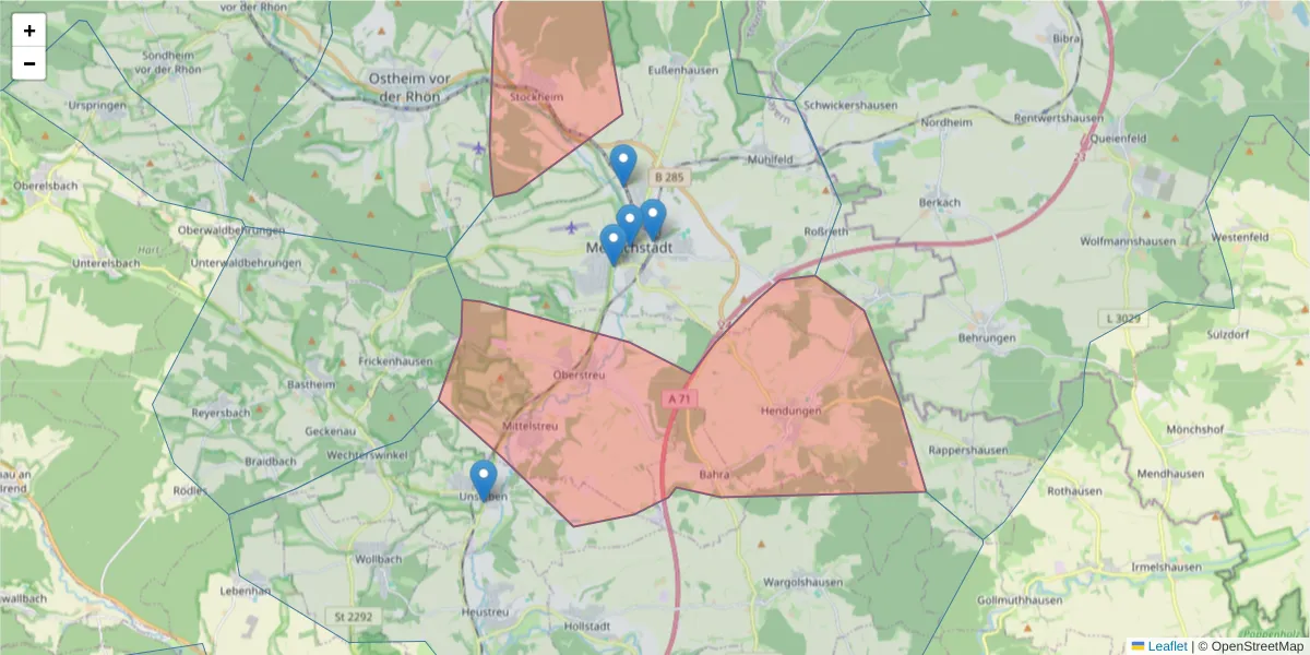 Karte des Postleitzahlen Bereichs  und der umliegenden Postleitzahlen in Deutschland