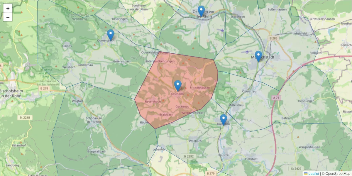 Karte des Postleitzahlen Bereichs  und der umliegenden Postleitzahlen in Deutschland