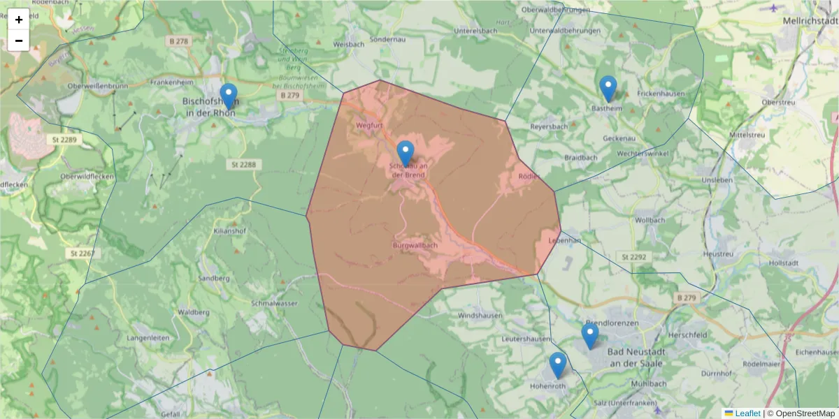 Karte des Postleitzahlen Bereichs  und der umliegenden Postleitzahlen in Deutschland