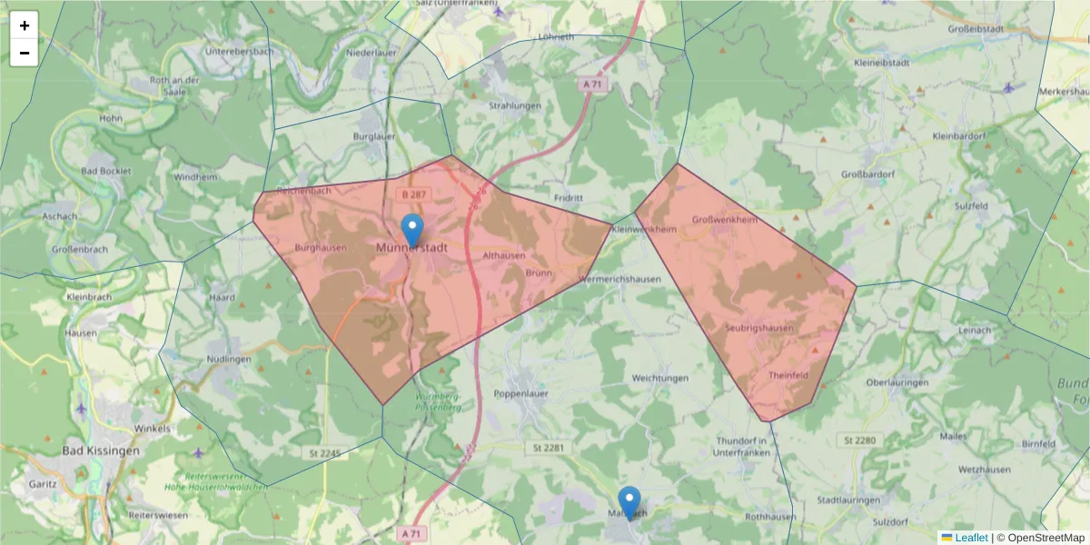 Karte des Postleitzahlen Bereichs  und der umliegenden Postleitzahlen in Deutschland