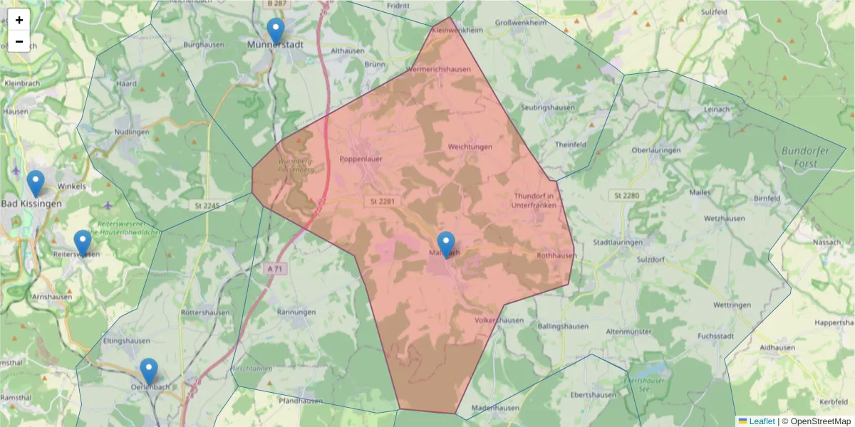 Karte des Postleitzahlen Bereichs  und der umliegenden Postleitzahlen in Deutschland