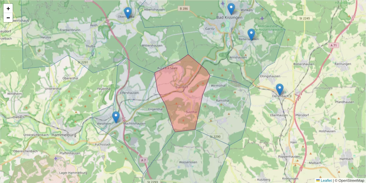 Karte des Postleitzahlen Bereichs  und der umliegenden Postleitzahlen in Deutschland