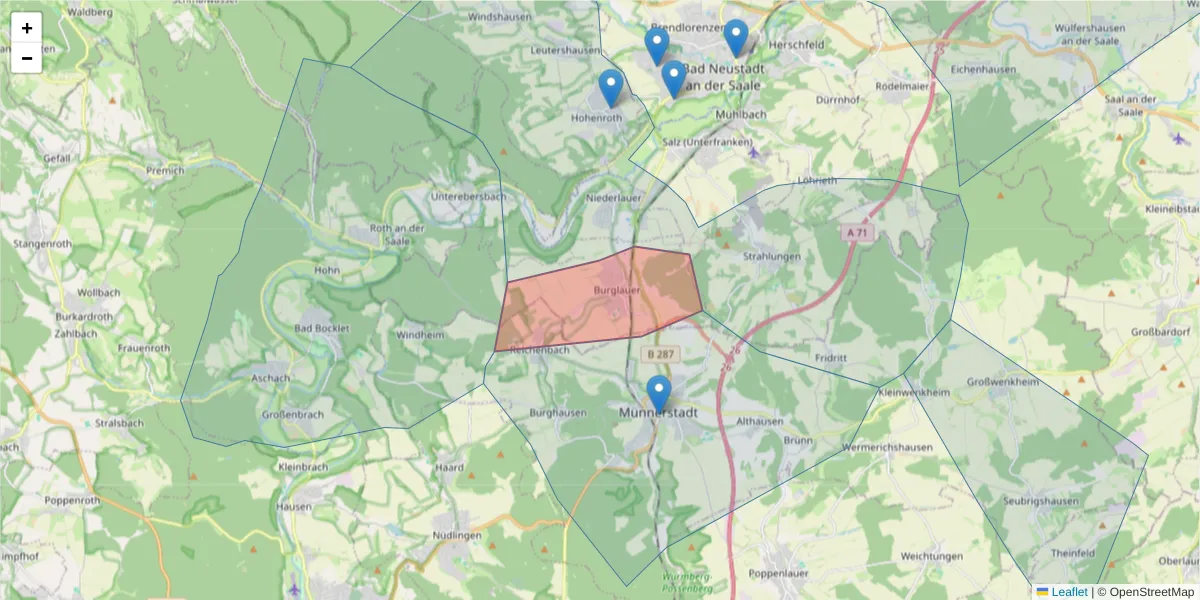 Karte des Postleitzahlen Bereichs  und der umliegenden Postleitzahlen in Deutschland