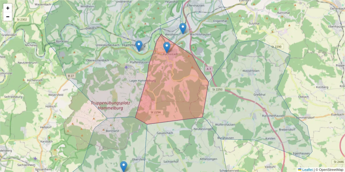Karte des Postleitzahlen Bereichs  und der umliegenden Postleitzahlen in Deutschland