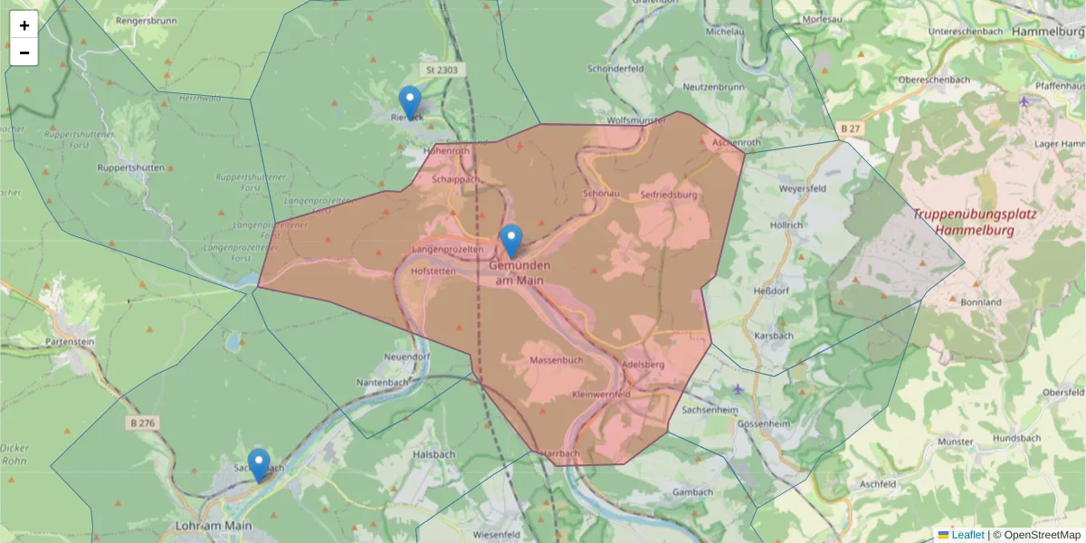 Karte des Postleitzahlen Bereichs  und der umliegenden Postleitzahlen in Deutschland