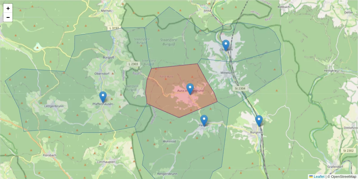 Karte des Postleitzahlen Bereichs  und der umliegenden Postleitzahlen in Deutschland