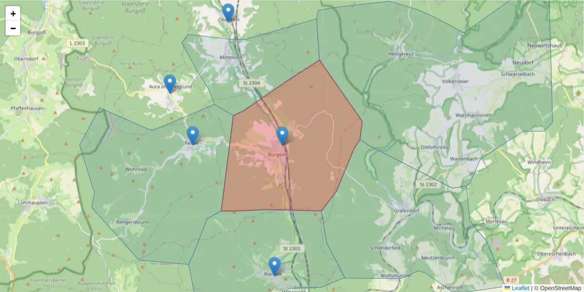 Karte des Postleitzahlen Bereichs  und der umliegenden Postleitzahlen in Deutschland