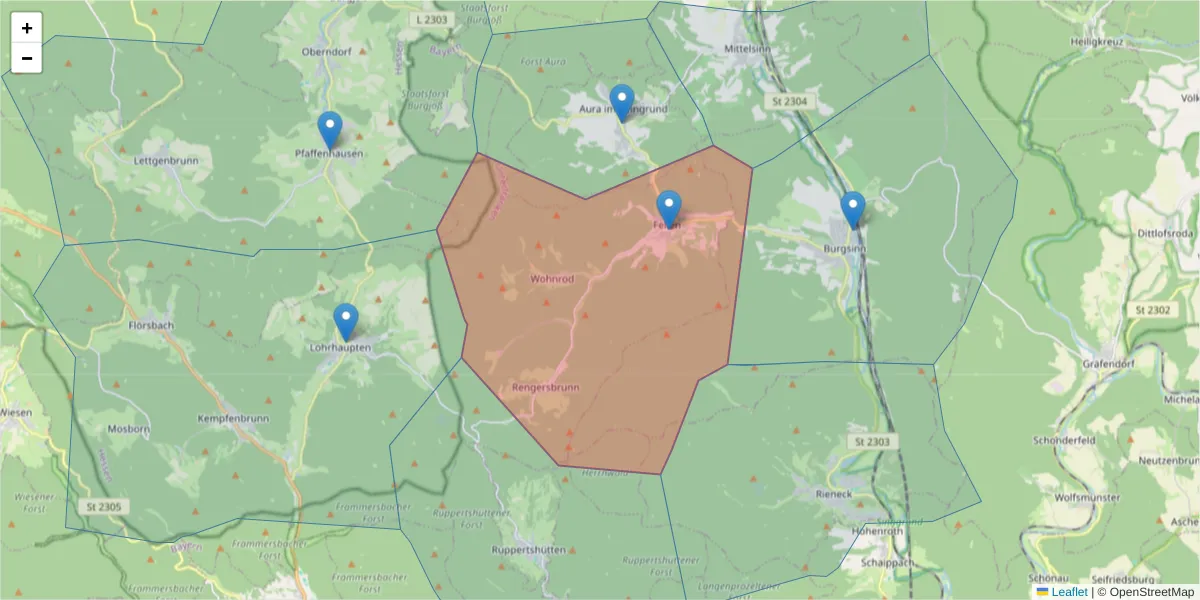 Karte des Postleitzahlen Bereichs  und der umliegenden Postleitzahlen in Deutschland