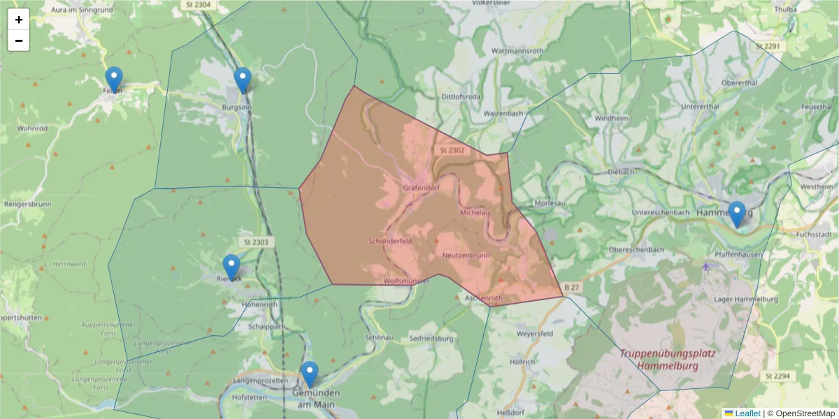 Karte des Postleitzahlen Bereichs  und der umliegenden Postleitzahlen in Deutschland