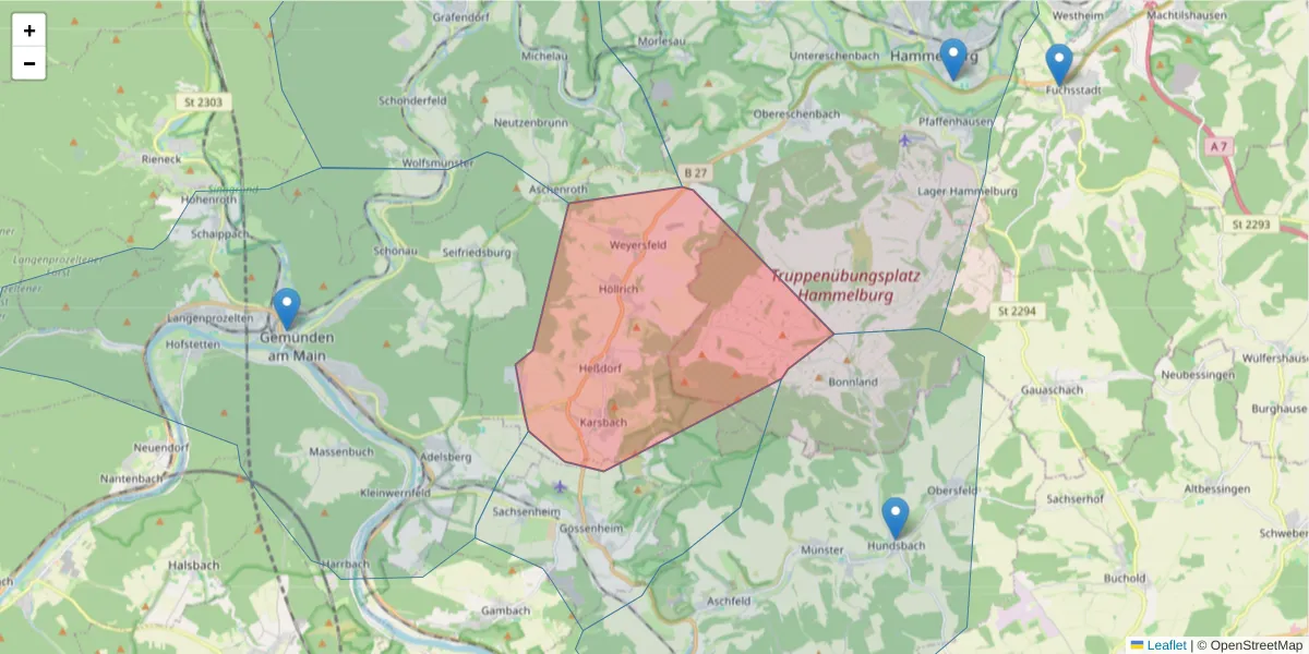 Karte des Postleitzahlen Bereichs  und der umliegenden Postleitzahlen in Deutschland