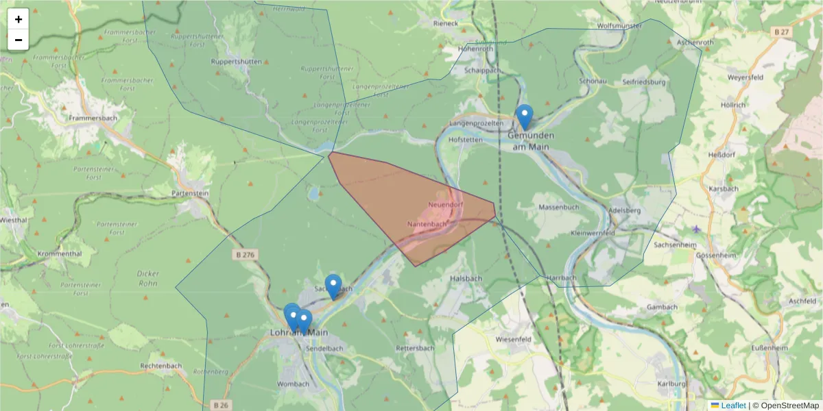Karte des Postleitzahlen Bereichs  und der umliegenden Postleitzahlen in Deutschland