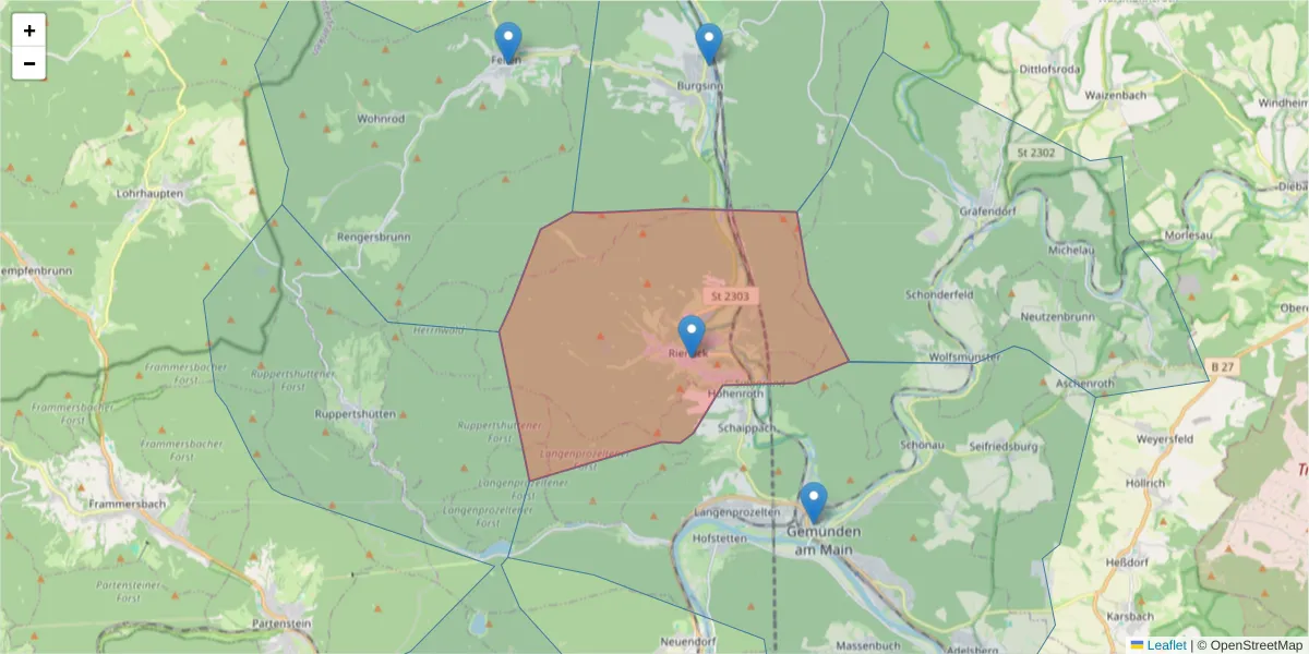 Karte des Postleitzahlen Bereichs  und der umliegenden Postleitzahlen in Deutschland