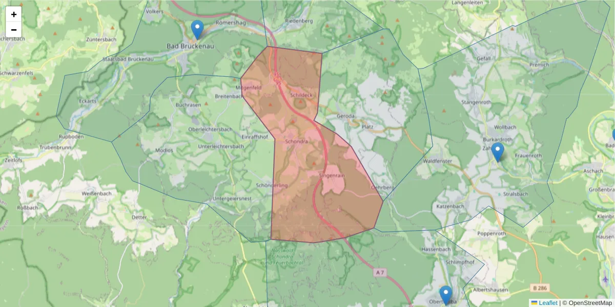 Karte des Postleitzahlen Bereichs  und der umliegenden Postleitzahlen in Deutschland