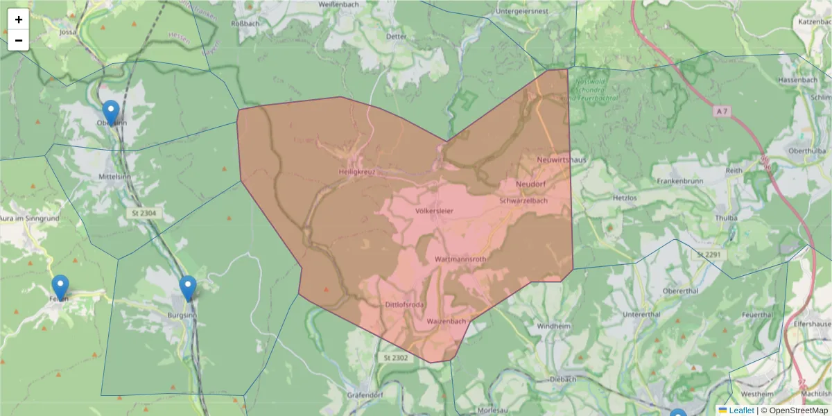 Karte des Postleitzahlen Bereichs  und der umliegenden Postleitzahlen in Deutschland