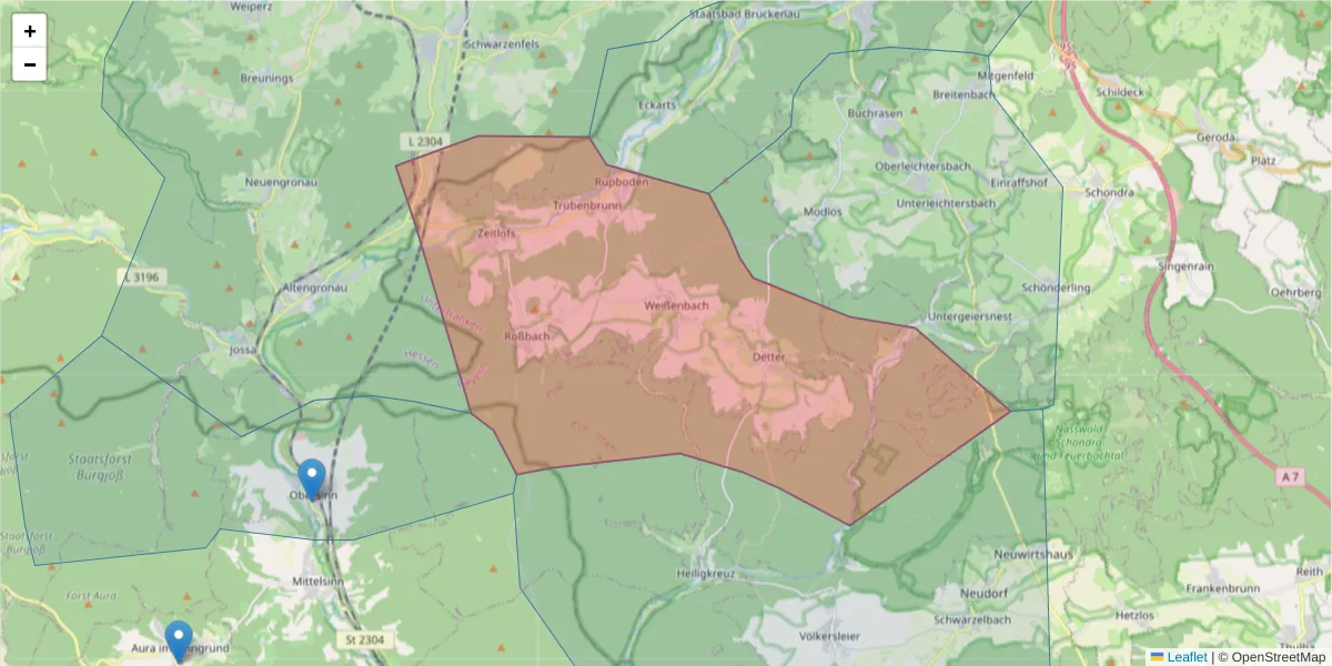 Karte des Postleitzahlen Bereichs  und der umliegenden Postleitzahlen in Deutschland
